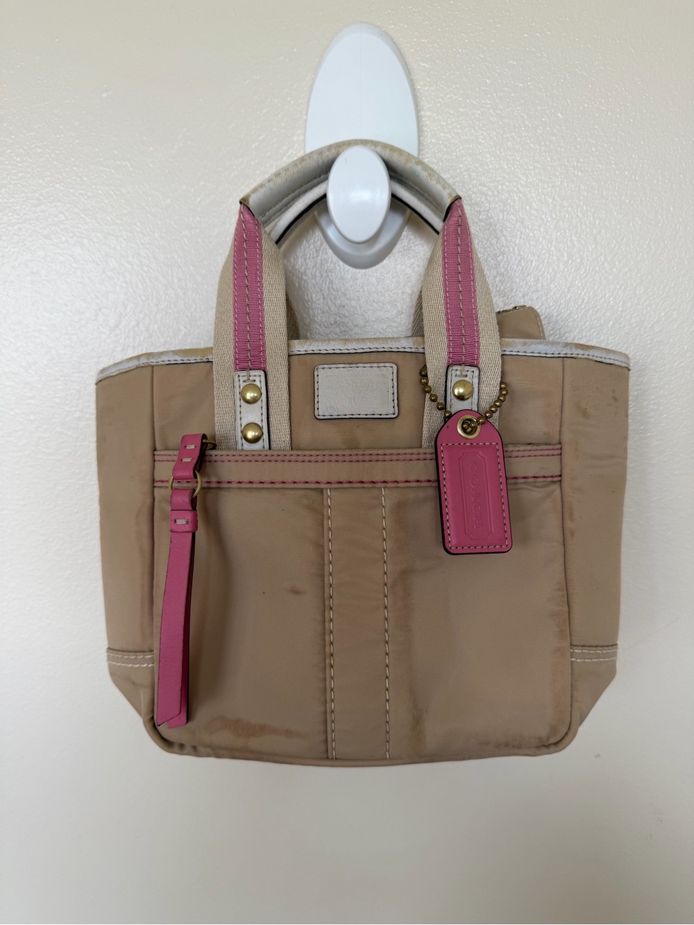 COACH MINI TOTE Brown Leather Accents - Tan & Bright Pink F10694